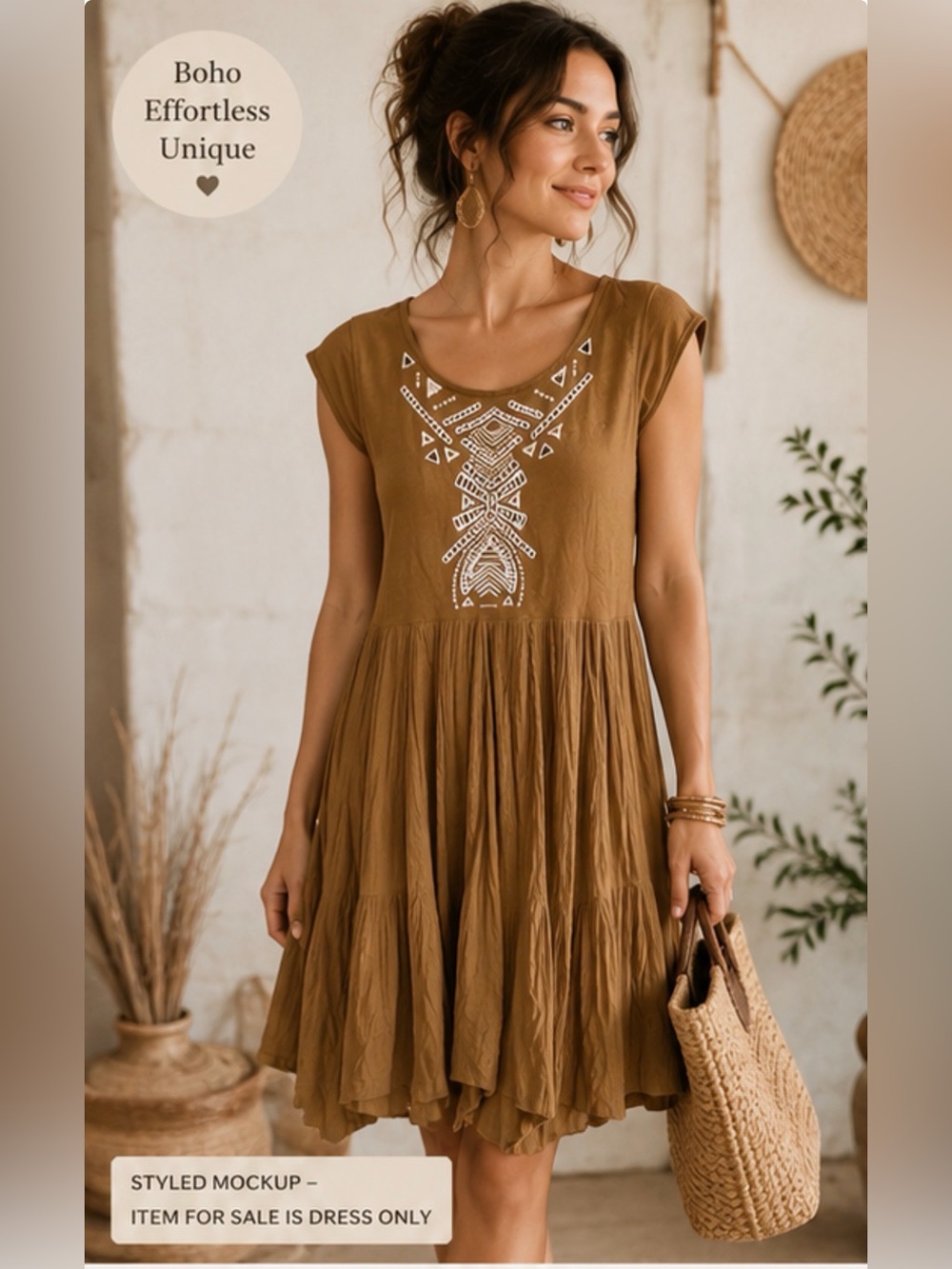 Free People Boho Embroidered Gauze Swing Dress Camel Brown Size L